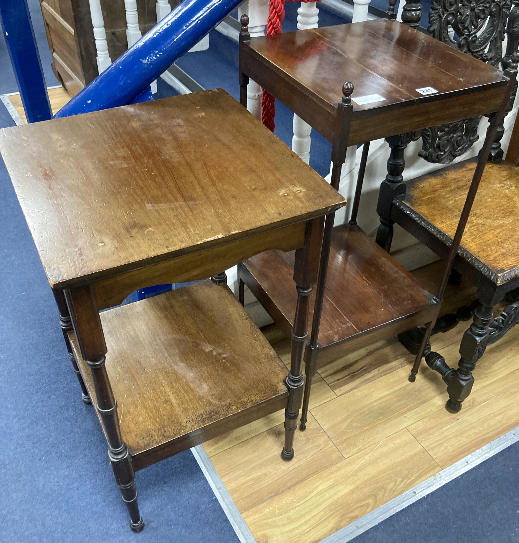 Two mahogany 2-tier occasional tables, larger width 45cm, depth 44cm, height 75cm